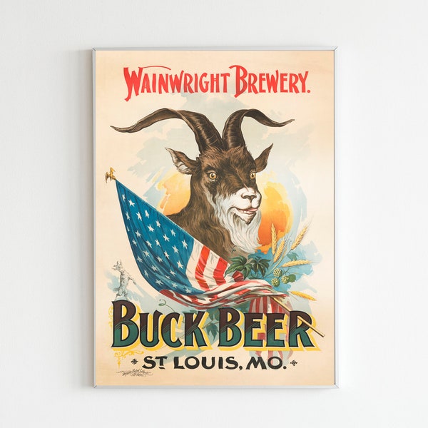 Antique Buck Beer Art Print, Vintage Beer Advertisement, Wainwright Brewery, Antique Bar Décor, Vintage Bar Art, Beer Ads, Bar Decor