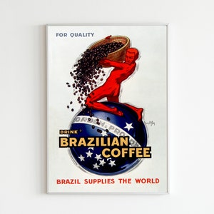 Brazilian Coffee Vintage Advertising Poster by Jean d'Ylen, Red & Blue Decor, Vintage Wall Art, Coffee Kitchen Decor, Vintage Kitchen