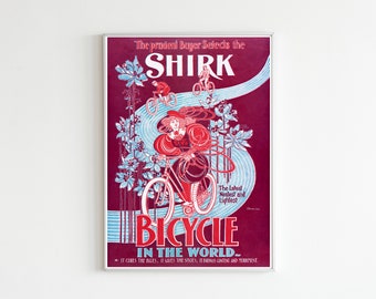Vintage Shirk Bicycle Advertisement, Art Nouveau Home Decor, Antique Bike Poster Print, Vintage Wall Art, Purple, Blue, Antique Bike Ad