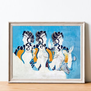 Minoan Ladies in Blue Fresco, Emile Gilliéron, Neopalatial Period Art, Antique Wall Art, Crete, Greece, Grecian, Bronze Age, Knossos, Crete