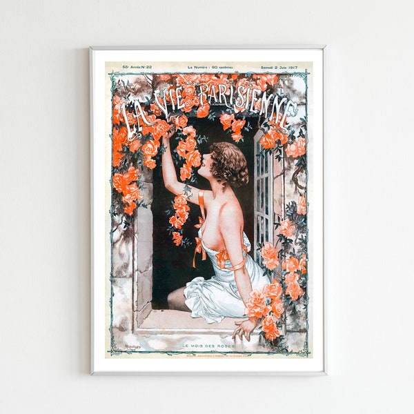 Vintage Chéri Hérouard Art Print, La Vie Parisienne, Magazine Covers, Le Mois des Roses, Vintage Publications, Art Nouveau Wall Art