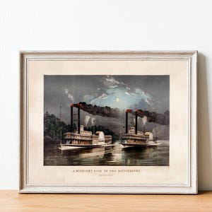 A Midnight Race on the Mississippi, Vintage Lincoln and the Davies Steamboat Print, Fine Art Giclée, Nautical Art, Mississippi Riverboat