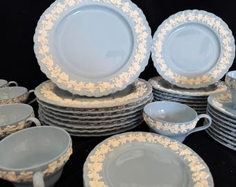 Wedgwood Etruria  Embossed Queens Ware  Lavender Shell Edge  Service for 8 (Bread Plates for 4)