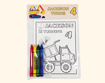 Kits de colorir personalizados para aniversários com tema de construção: lembrancinhas e giz de cera