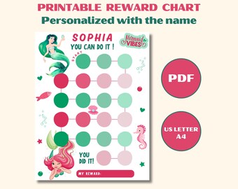 May include: A printable reward chart with a mermaid theme. The chart is personalized with the name "Sophia" and features a series of circles for tracking progress. Includes the text "You Can Do It!" and "You Did It!"