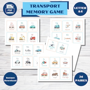 Jeu de mémoire sur le transport, Activité d'association sur le transport, Jeu de mémoire imprimable, Cartes de mémoire, Jeu sur l'alphabet