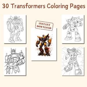 Pode incluir: Um conjunto de 30 páginas para colorir dos Transformers. As páginas apresentam vários personagens robóticos em arte de linha em preto e branco e uma ilustração colorida. As palavras "Download instantâneo" estão estampadas em uma das páginas.