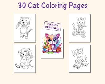 30 Cat Coloring Pages, Fun Kids Activity (PDF Download)