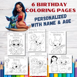 6 Customizable Birthday Coloring Pages for Kids, Lilo & Stitch Coloring Pages, Personalized coloring for a birthday party, Birthday activity