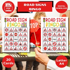 20 Cartes de Bingo sur les panneaux de signalisation, Cartes de Bingo imprimables, Bingo pour les enfants, Jeux sur les panneaux de la route