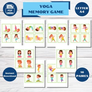 Jeu de mémoire sur les postures du Yoga, Activité d'association sur le Yoga, Jeu de mémoire imprimable, Jeu de cartes de mémoire, PDF