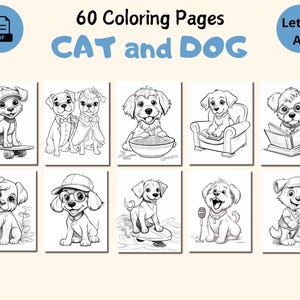 Peut inclure: Un ensemble de 60 pages de coloriage au format A4 avec des illustrations de chats et de chiens. Les dessins comprennent des chiens sur des skateboards, lisant des livres et autres activit&eacute;s. Le texte de l'image indique "CAT and DOG".