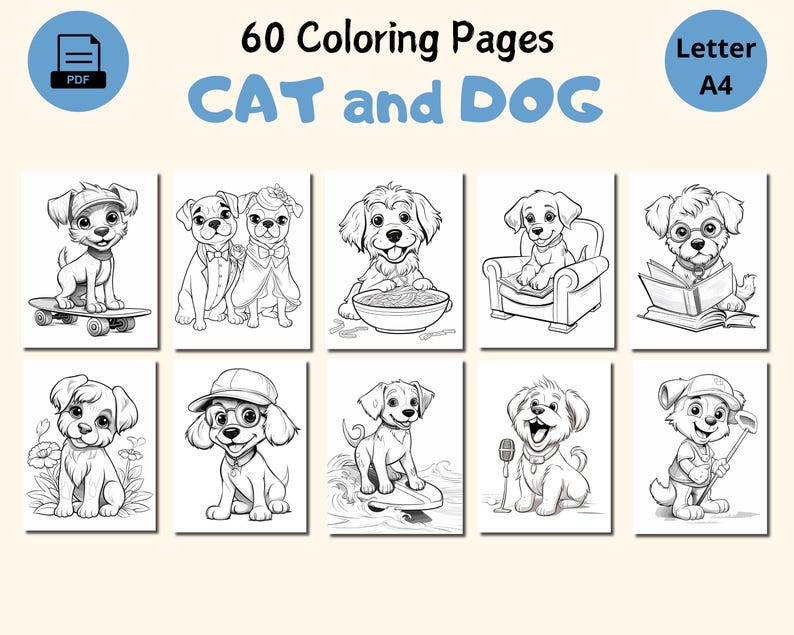 Peut inclure: Un ensemble de 60 pages de coloriage au format A4 avec des illustrations de chats et de chiens. Les dessins comprennent des chiens sur des skateboards, lisant des livres et autres activit&eacute;s. Le texte de l'image indique "CAT and DOG".