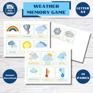 Jeu de mémoire sur la météo, Activité d'association sur la météo, Jeu de mémoire imprimable, Jeu de cartes de mémoire, Jeu sur la météo, PDF