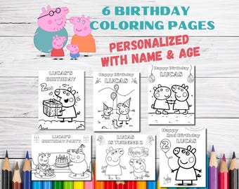 Personalized Peppa Pig Birthday Coloring Pages : Set of 6 (PDF)