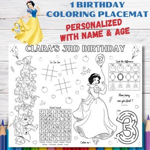 Customizable Snow White Birthday Coloring Placemat (PDF)