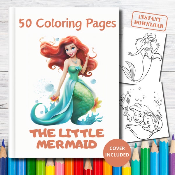 50 Little Mermaid Coloring Pages, Coloring Mermaid, Ariel Coloring, Cartoon coloring pages for kids, Coloring pages printable, PDF
