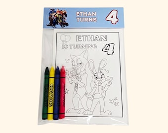 May include: A Zootopia-themed coloring activity set in a clear plastic bag, featuring a coloring page with a fox and rabbit character, the text ETHAN IS TURNING 4, and four crayons in green, yellow, blue, and red. The header card displays the text ETHAN TURNS 4.