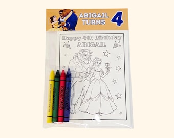 May include: A clear plastic package containing a coloring page and four crayons. The page features a line drawing of Belle and the Beast with the text Happy 4th Birthday ABIGAIL. The header card shows the characters and ABIGAIL TURNS 4.