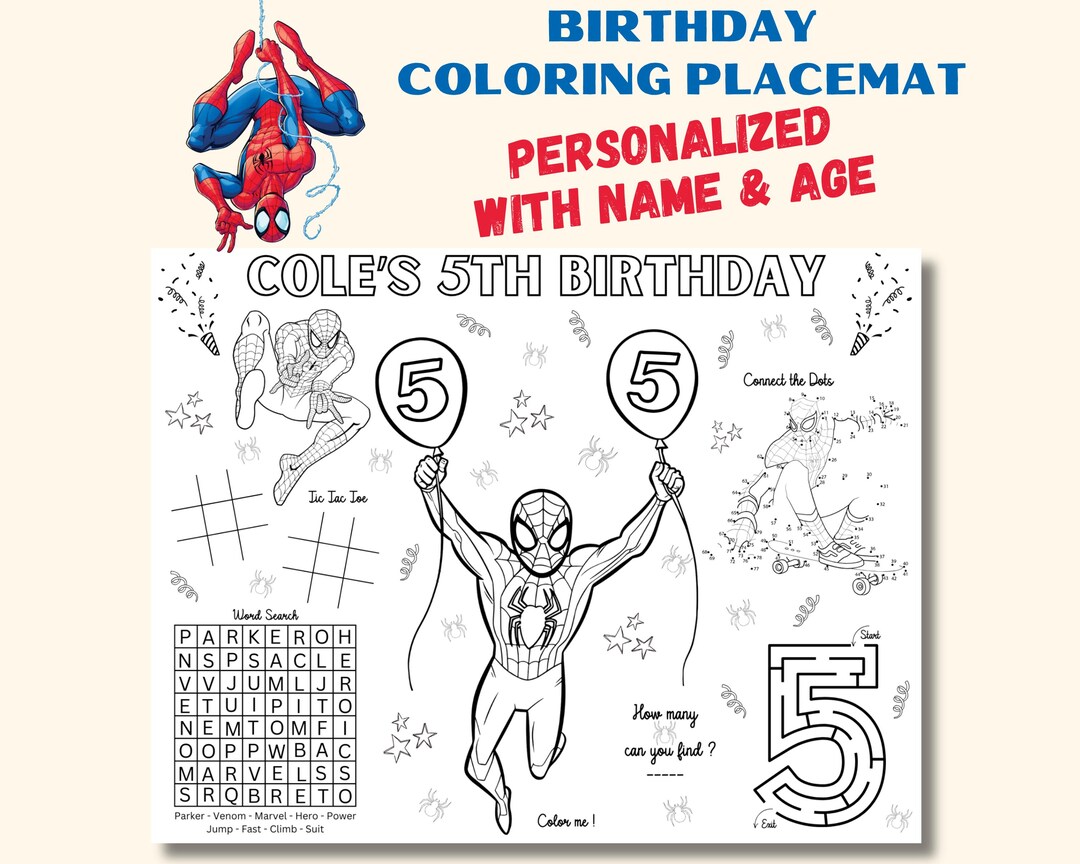 Custom Spiderman Birthday Coloring Placemat : Personalized Party ...