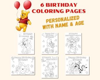 May include: Six birthday coloring pages featuring Winnie the Pooh characters. The pages are personalized with a name and age. The image includes a cartoon of Winnie the Pooh holding red balloons. Text on the image includes "6 Birthday Coloring Pages" and "Personalized with Name & Age."