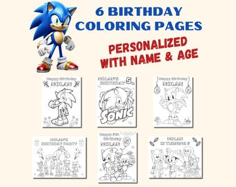 May include: Six personalized birthday coloring pages featuring the character Sonic the Hedgehog. The pages are black and white and include the text "Happy Birthday" and "Personalized with Name & Age". A blue Sonic figure is also shown.