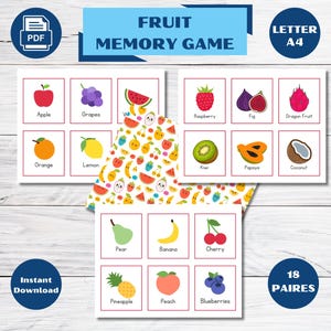 Jeu de mémoire sur les Fruits, Activité d'association sur les Fruits, Jeu de mémoire imprimable, Jeu de cartes de mémoire, PDF