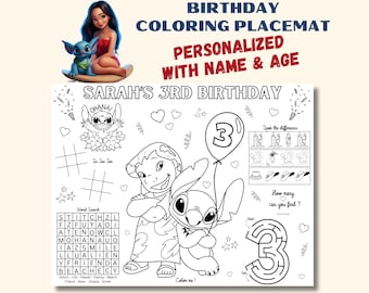 Set de table d'anniversaire personnalisable, Coloriage personnalisé Lilo & Stitch, Set de table pour anniversaire, Activité d'anniversaire