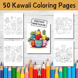50 Kawaii Coloring Pages, Cute coloring pages, Coloring for kids and adults, Coloring pages printable, Adult coloring, PDF, Instant download