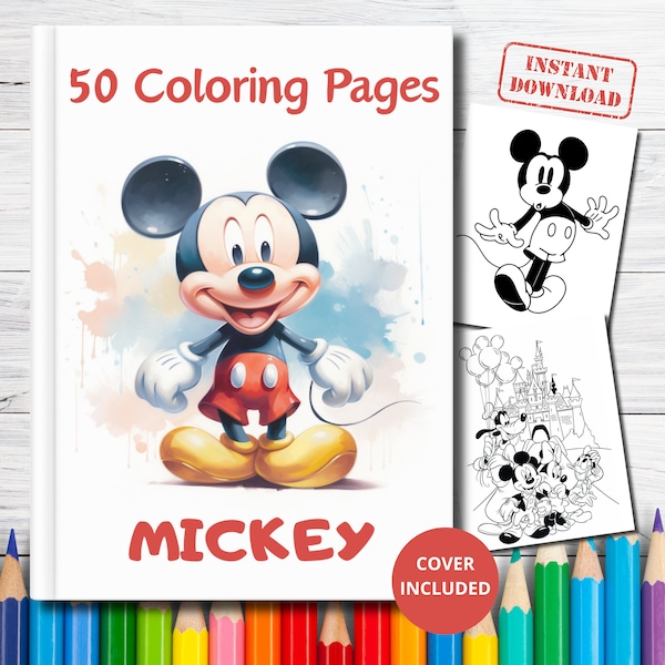 50 Mickey Coloring Pages, Cartoon coloring pages for kids, Coloring pages printable, Activities for kids, Instant download, Coloring sheets