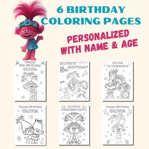 Personalized Trolls Birthday Coloring Pages : Set of 6 (PDF)