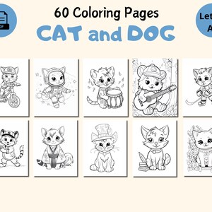 Peut inclure: Ensemble de 60 pages de coloriage A4 avec des illustrations de chats et de chiens. Les pages pr&eacute;sentent des dessins en noir et blanc de chats et de chiens dans diverses situations, avec le texte "CAT and DOG".