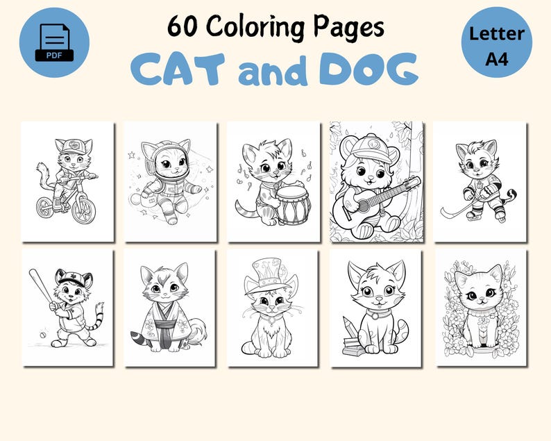 Peut inclure: Ensemble de 60 pages de coloriage A4 avec des illustrations de chats et de chiens. Les pages pr&eacute;sentent des dessins en noir et blanc de chats et de chiens dans diverses situations, avec le texte "CAT and DOG".