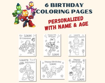 May include: Six personalized birthday coloring pages featuring cartoon robot characters in armor. The text reads 6 BIRTHDAY COLORING PAGES PERSONALIZED WITH NAME & AGE, along with various birthday greetings, the name LIAM, and the number 4.