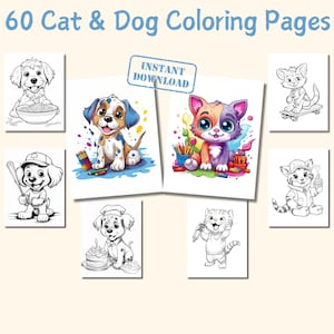 Peut inclure: Image pr&eacute;sentant 60 pages de coloriage pour chats et chiens. L'image comprend diverses illustrations de chats et de chiens, certaines en noir et blanc et d'autres en couleurs. Le texte "Instant Download" est &eacute;galement visible.