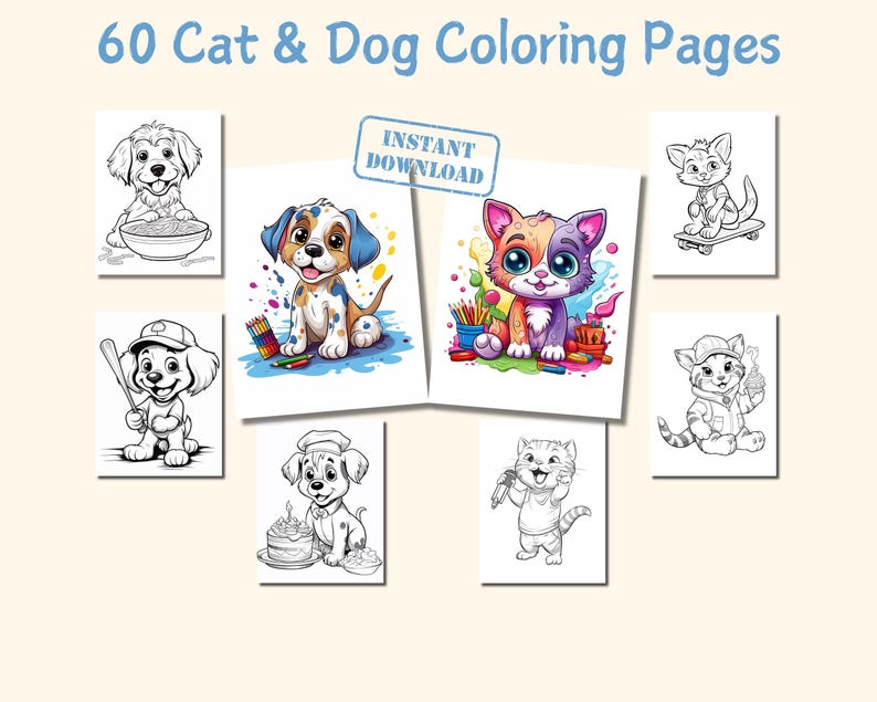 Peut inclure: Image pr&eacute;sentant 60 pages de coloriage pour chats et chiens. L'image comprend diverses illustrations de chats et de chiens, certaines en noir et blanc et d'autres en couleurs. Le texte "Instant Download" est &eacute;galement visible.