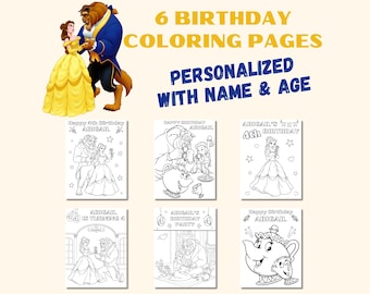 May include: Six birthday coloring pages featuring Belle and the Beast, personalized with the name Abigail and the age 4. The pages include line art illustrations of characters from the film, with text reading 6 BIRTHDAY COLORING PAGES, PERSONALIZED WITH NAME & AGE, HAPPY 4TH BIRTHDAY ABIGAIL, and ABIGAIL IS TURNING 4.