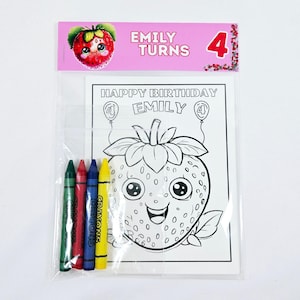 Strawberry Party Coloring Packs and Crayons, Strawberry Birthday Party Favor, Customizable Strawberry Birthday Coloring Pages