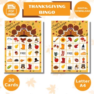 20 Cartões de Bingo de Ação de Graças, Atividades de Ação de Graças, Cartões de Bingo para impressão, Bingo para crianças, Ação de Graças para impressão, Jogos de Bingo, PDF