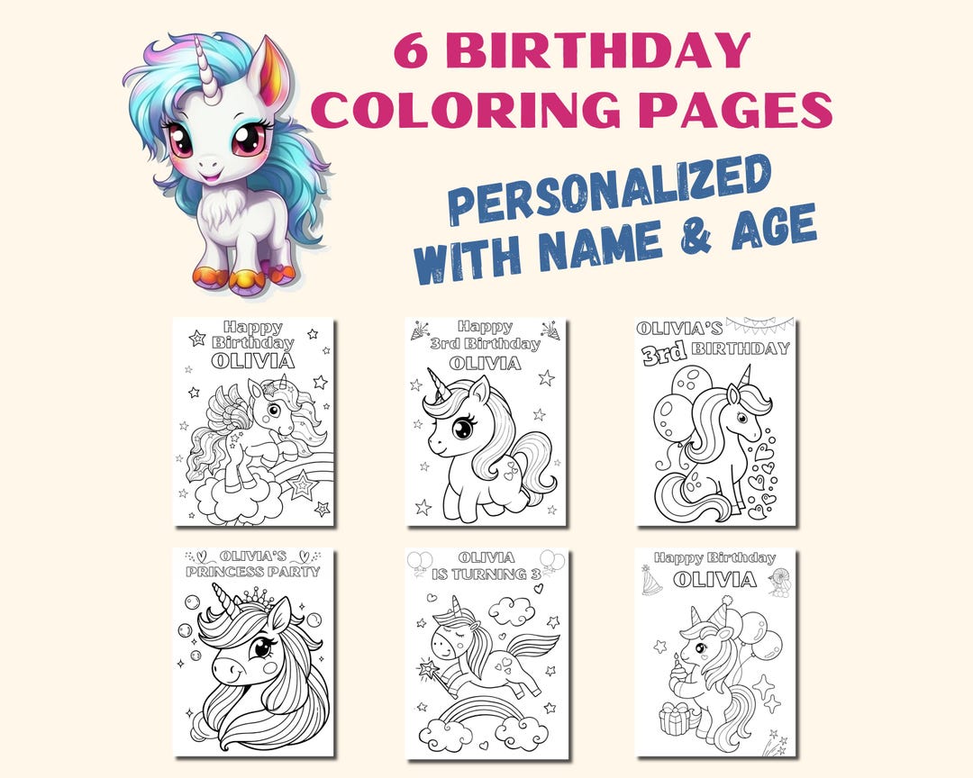 Personalized Unicorn Birthday Coloring Pages : Kids Party Activity (set ...