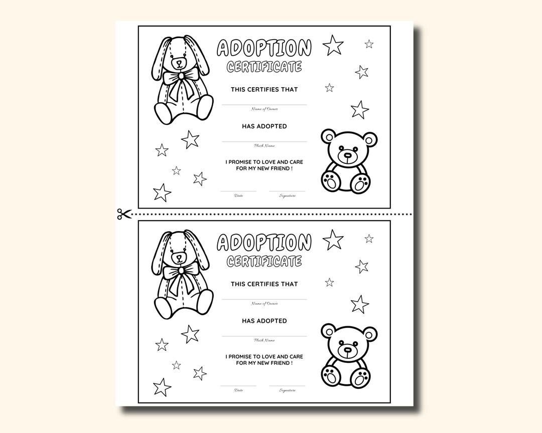 Plush Adoption Certificate Coloring Pages (PDF) - Etsy