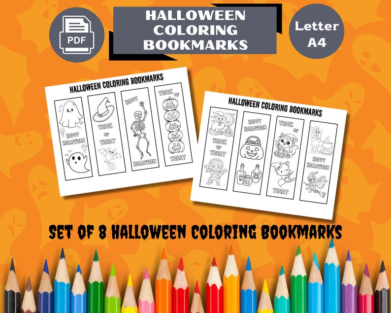 Set of 8 Halloween Coloring Bookmarks, Halloween Coloring Pages