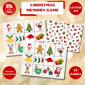 Jeu de mémoire sur Noël, Activité d'association sur Noël, Jeu de mémoire imprimable, Jeu de cartes de mémoire, Activité de Noël