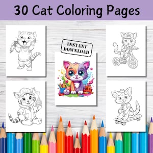 30 Cat Coloring Pages, Cute cat coloring, Kitten coloring pages, Coloring pages for kids and adults, Color activities, Cat printable, PDF