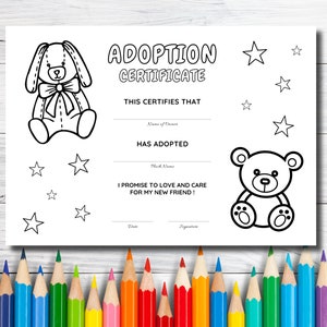 Pluche adoptiecertificaat op kleur, Afdrukbare kleurplaten, adoptiecertificaat op kleur, Knuffels in kleur, niet bewerkbaar