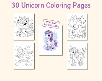 30 Unicorn Coloring Pages : Kids & Adults Cartoon Printables (PDF)