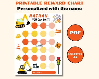 May include: Printable reward chart with construction theme. Features a yellow excavator, traffic light, and the text "NATHAN YOU CAN DO IT!" and "YOU DID IT!" Includes circles for tracking progress and PDF and US Letter A4 options.