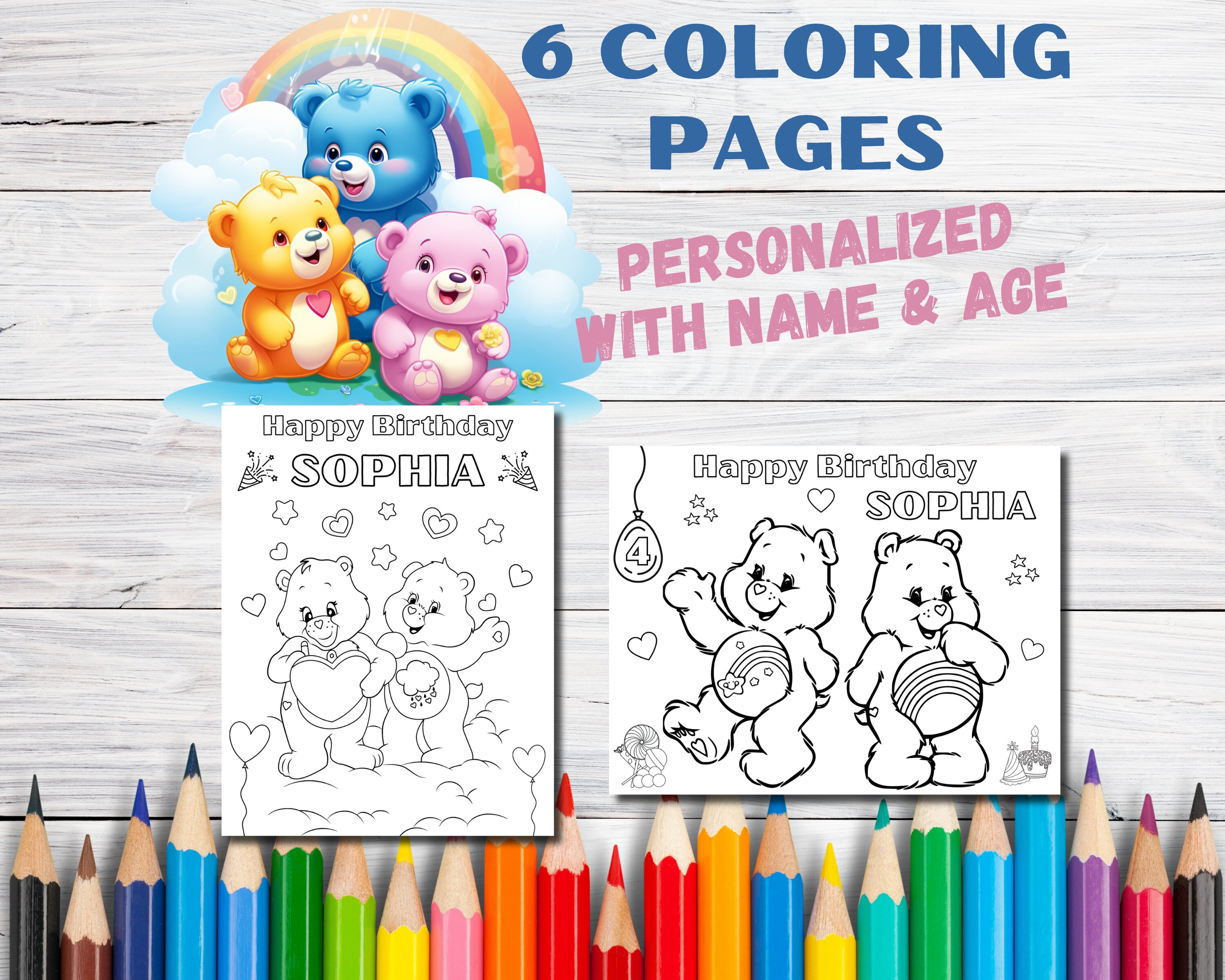 6 Customizable Birthday Coloring Pages for Kid, Care Bears Coloring ...