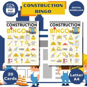 20 Cartes de Bingo sur la Construction, Cartes de Bingo imprimables, Bingo pour les enfants, Jeux sur la Construction, PDF
