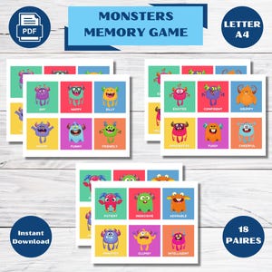 Jeu de mémoire sur les monstres, Activité d'association de monstres, Jeu de mémoire imprimable, Jeu de cartes de mémoire, Jeu de monstres
